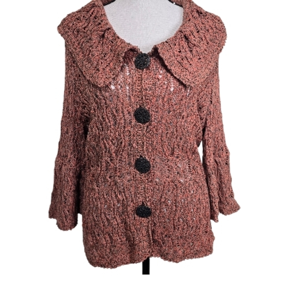 Nic + Zoe Open-Knit Crocheted Button Front Cardigan Sweater SMALL Med Grannycore